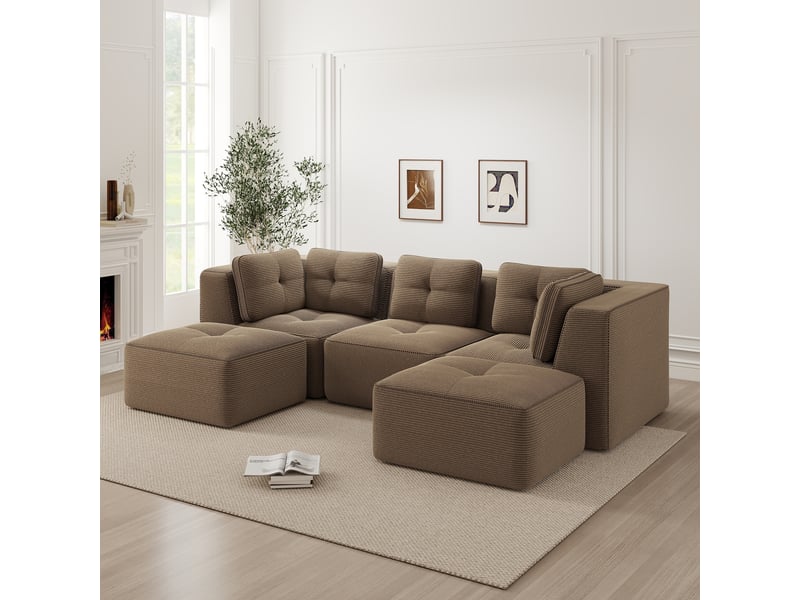  Canapé d'angle, canapé modulable — marron, 3 places, en velours tricoté, avec pouf, sans montage, assise profonde, sans cadre  - Conforama A