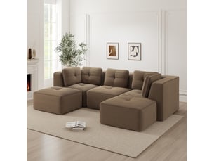 Canapé d'angle, canapé modulable — marron, 3 places, en velours tricoté, avec pouf, sans montage, assise profonde, sans cadre