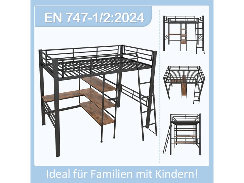  Lit mezzanine 90x200cm, lit enfant avec bureau, étagères de rangement, escalier et sommier, lit métal noir, sans matelas  - Conforama C