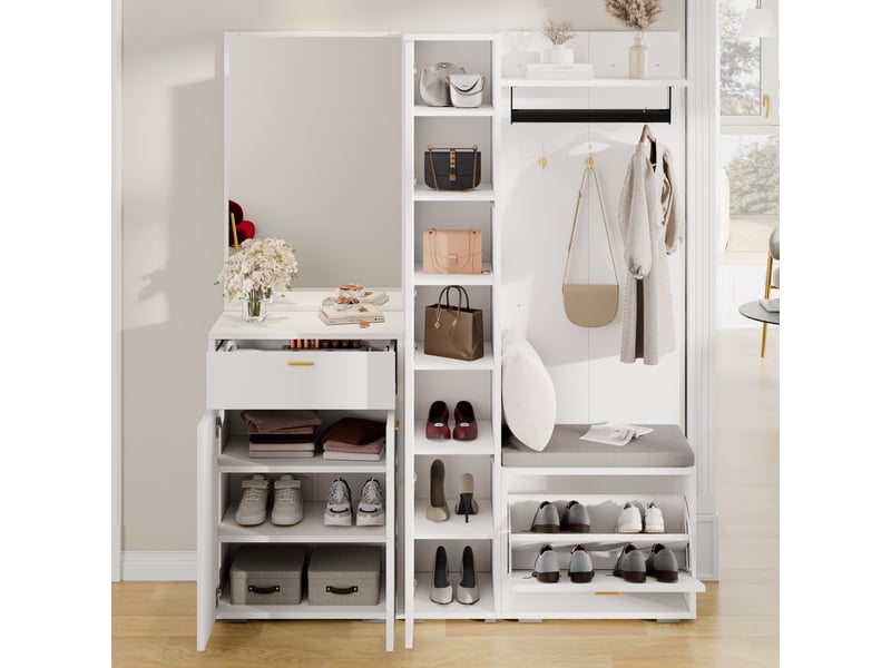  Banc d’entrée avec miroir, 3 portes, tiroir et penderie - mdf, panneau de particules blanc 150 × 36 × 180 cm  - Conforama C