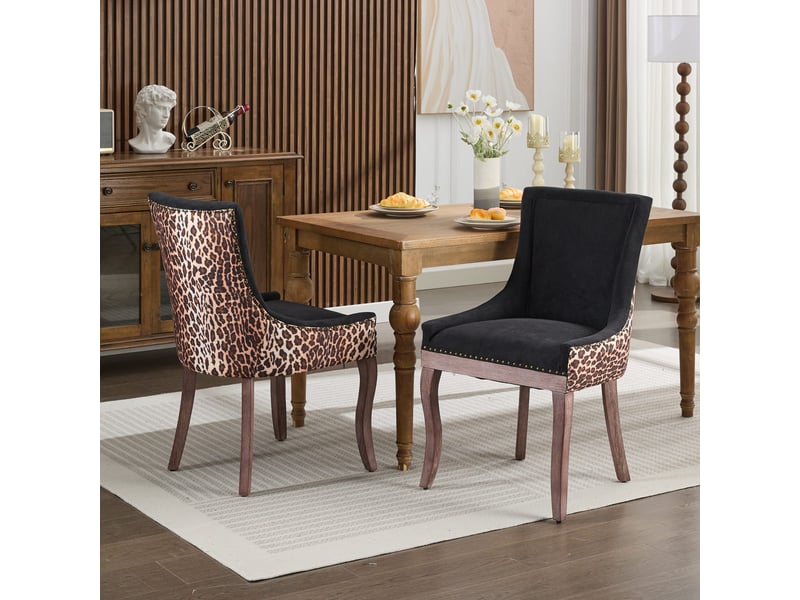 Chaises de salle à manger de1807lp imprimé léopard lot de 2 avec pieds bois et clous bronze  - Conforama B