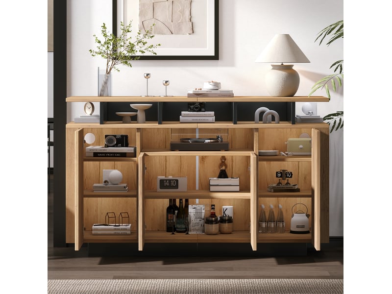  Buffet 140x40x85 cm, 4 portes et niches, commode de rangement pour salon, bureau et salle à manger, aggloméré naturel  - Conforama D