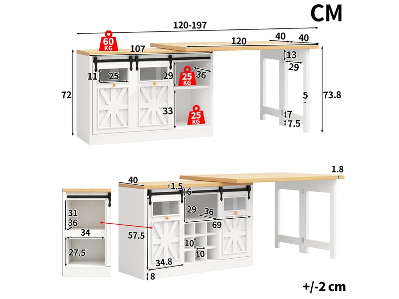  Îlot de cuisine 3-en-1 extensible 120-197 cm avec table pivotante blanc  - Conforama C