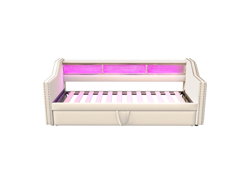 Lit gigogne enfant 90180x200cm, canapé-lit avec led, espace de rangement, port usb, sommiers, lin beige, sans matelas - Conforama R