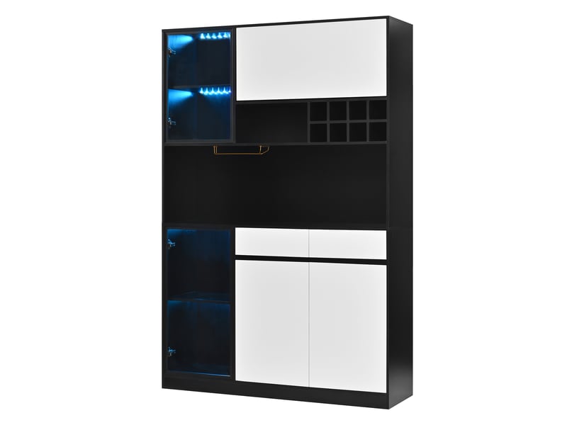  Buffet haut vitrine en mdf noir et blanc 120 x 35 x 180 cm avec led, 5 portes, 2 tiroirs et range-bouteilles pour salon  - Conforama E