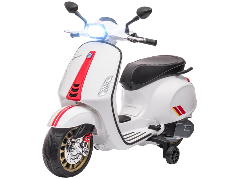  Moto vespa électrique pour enfants sous licence, avec stabilisateurs, phare et musique, en polypropylène et métal, 107 x 47 x 73 cm, blanche  - Conforama B