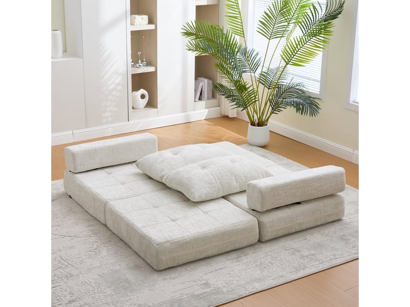  Canapé convertible pliable chenille beige avec coussins, dossier et matelas intégré  - Conforama D