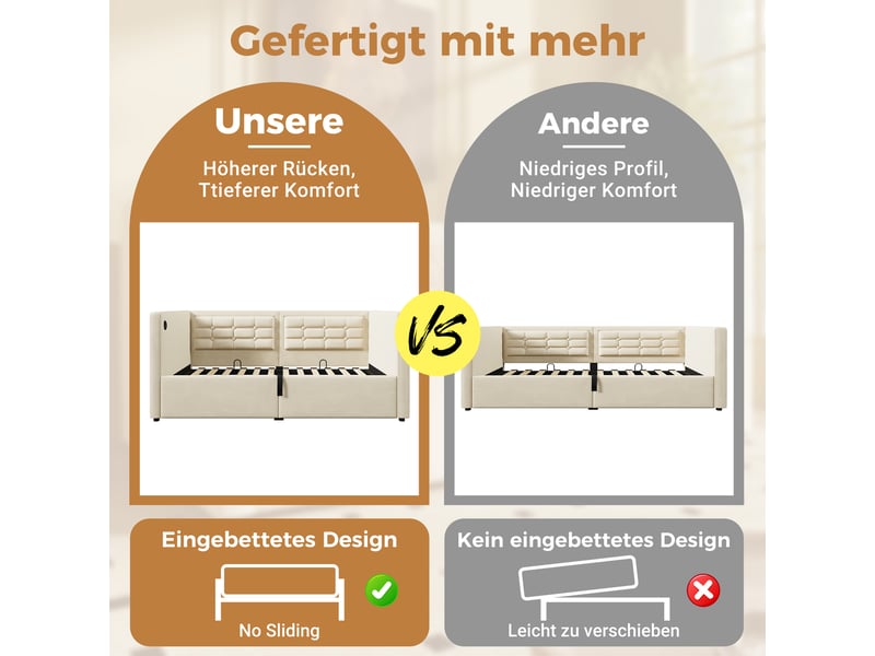  Canapé-lit rembourré 90x200 cm, beige, canapé-lit adulte avec espace de rangement hydraulique et station de recharge usb et type-c  - Conforama R
