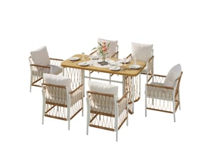 Salon de jardin 159,5x77,5x75 cm 1 table et 6 chaises avec coussins métal beige, brun et naturel