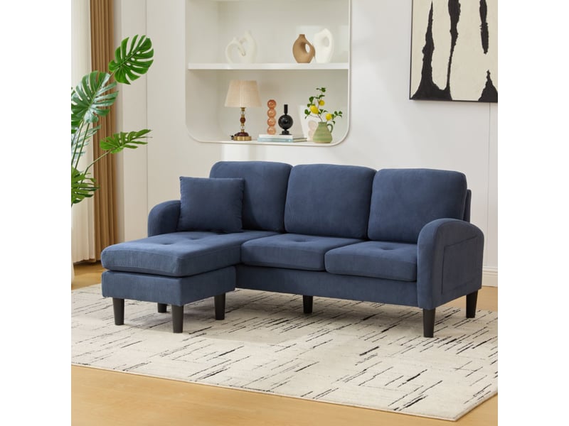 Canapé d'angle en l modulable, canapé 3 places velours côtelé bleu avec méridienne réversible, adapté aux petits espaces, 166x118x77 cm. - Conforama C