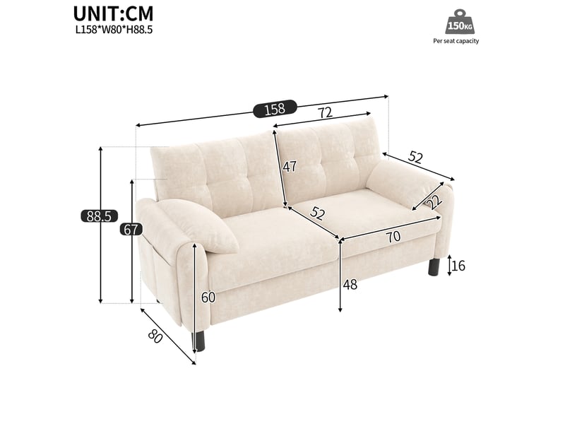 Canapé droit 2 places avec coussins, poches latérales et design scandinave en chenille beige 158 × 80 × 88,5 cm - Conforama E