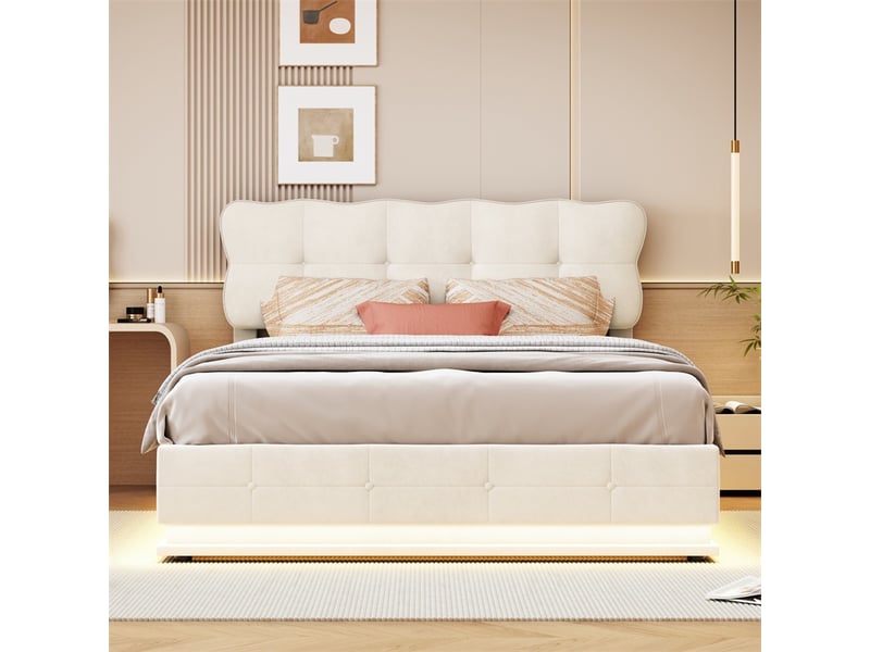  Lit 160x200cm - lit coffre 160x200cm - tête de lit de rangement led et sommier relevable - velours beige  - Conforama D