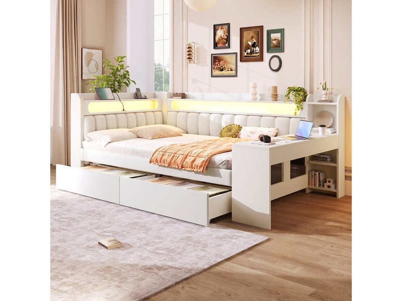  Lit de repos 140x200 avec port usb et 2 tiroirs, bureau intégré, blanc  - Conforama D