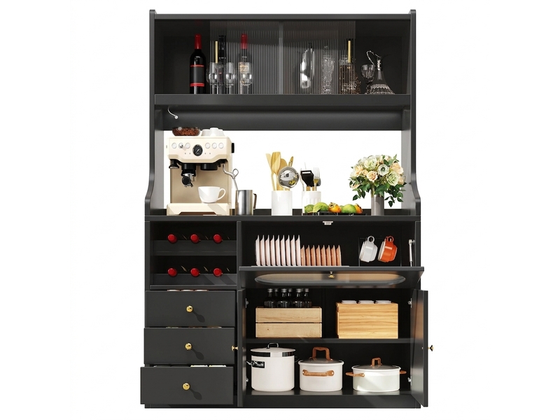  Buffet de cuisine haut noir 120 cm avec led rgb, portes coulissantes en verre et range-bouteilles  - Conforama A