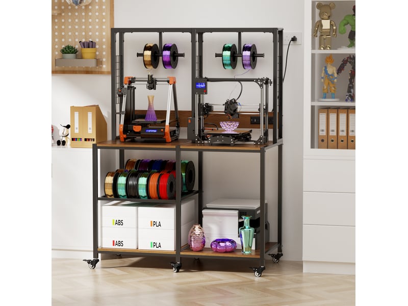  Étagère pour 2 imprimantes 3d avec supports de filament, rangements ouverts et roulettes freinées en métal noir  - Conforama B
