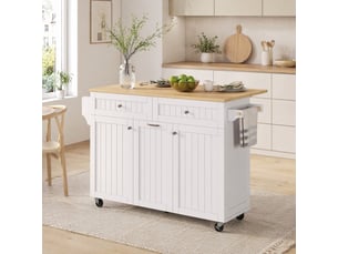 Îlot de cuisine mobile 140x40 cm – blanc et naturel – plan de travail extensible et rangement intégré