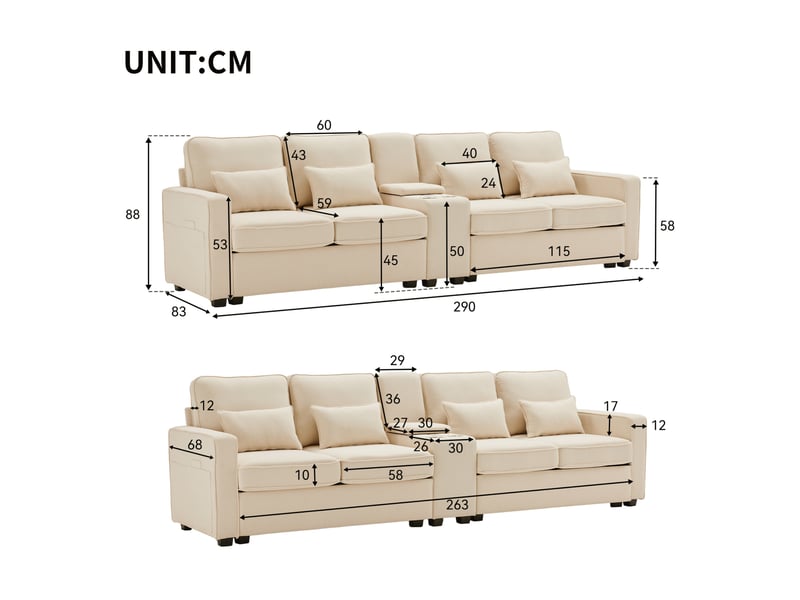  Canapé 4 places modenvie en tissu aspect lin beige 290 x 83 x 88 cm avec usb, console et 2 porte-gobelets  - Conforama C