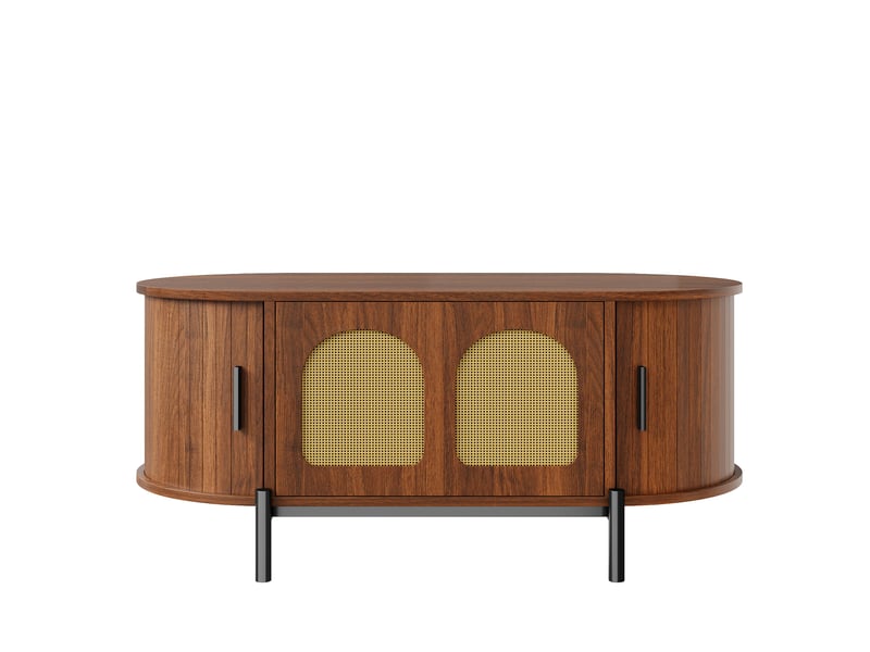  Table basse ovale en rotin 100x50x40 cm couleur noyer mdf avec portes coulissantes rangement salon evarich - Conforama A