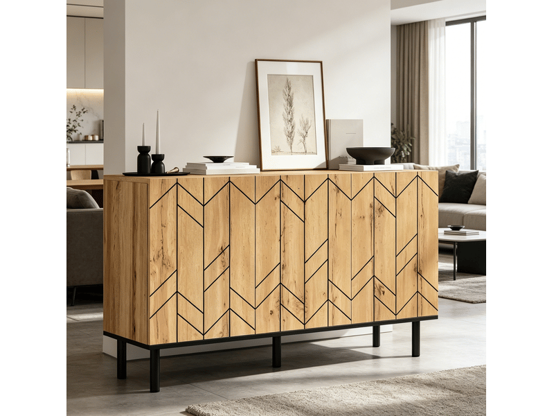  Buffet 120x35x70 cm, 3 portes motif ondulé, bahut de rangement, salon, séjour, panneau de particules et métal, naturel  - Conforama B