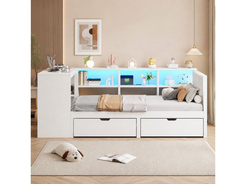  Lit avec tiroirs 1 place en bois avec 2 tiroirs, prises, usb et led 7 couleurs, 200 x 90 cm, sans matelas, blanc  - Conforama B