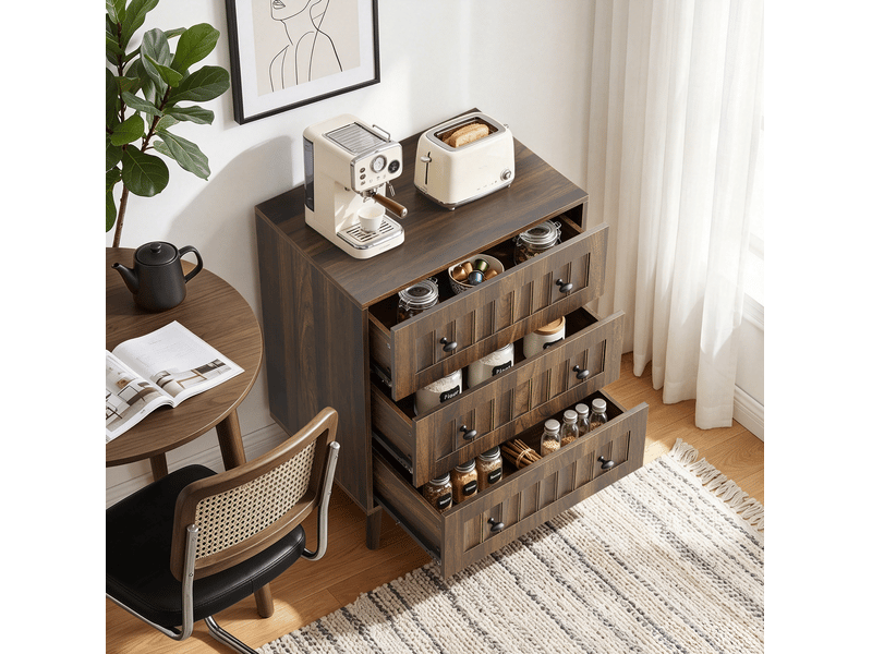 Commode à 3 tiroirs avec façades rainurées et poignées en métal noir pour chambre ou entrée, mdf noyer, 60 × 40 × 79 cm - Conforama D