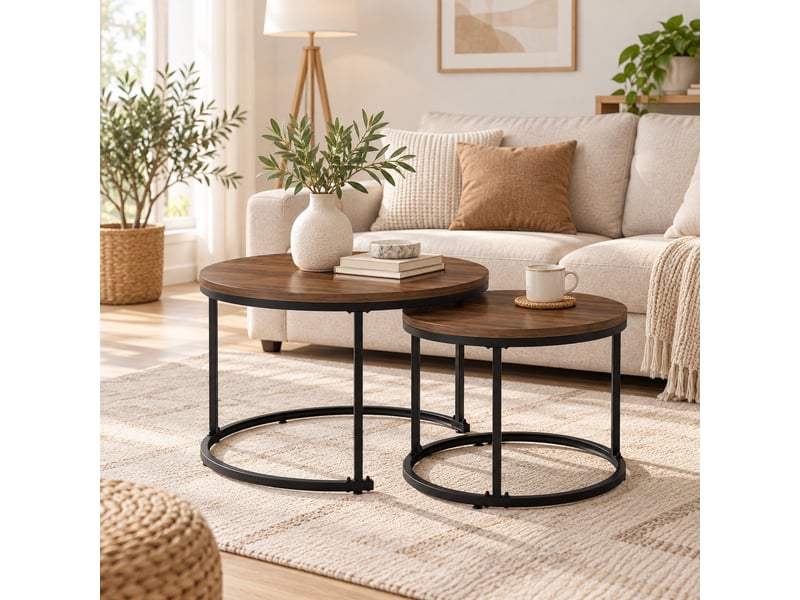  Lot de 2 tables gigognes rondes noyer et noir en mdf et métal, ø 50 x h 70,5 cm et ø 45,5 x h 44 cm  - Conforama B