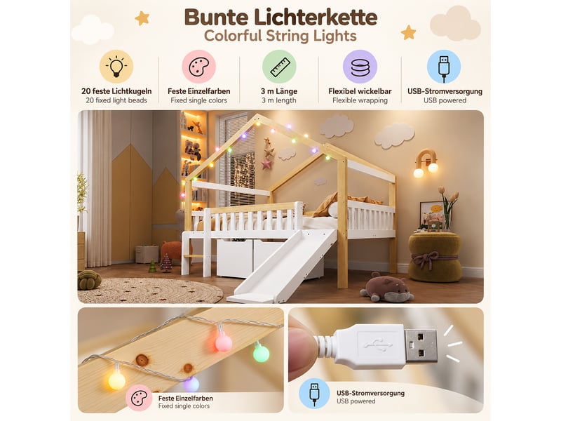 Lit mi-hauteur cabane 120x200 cm avec toboggan et échelle réversibles, 2 tiroirs, garde-corps et guirlande lumineuse, pin blancnaturel, pratique - Conforama E