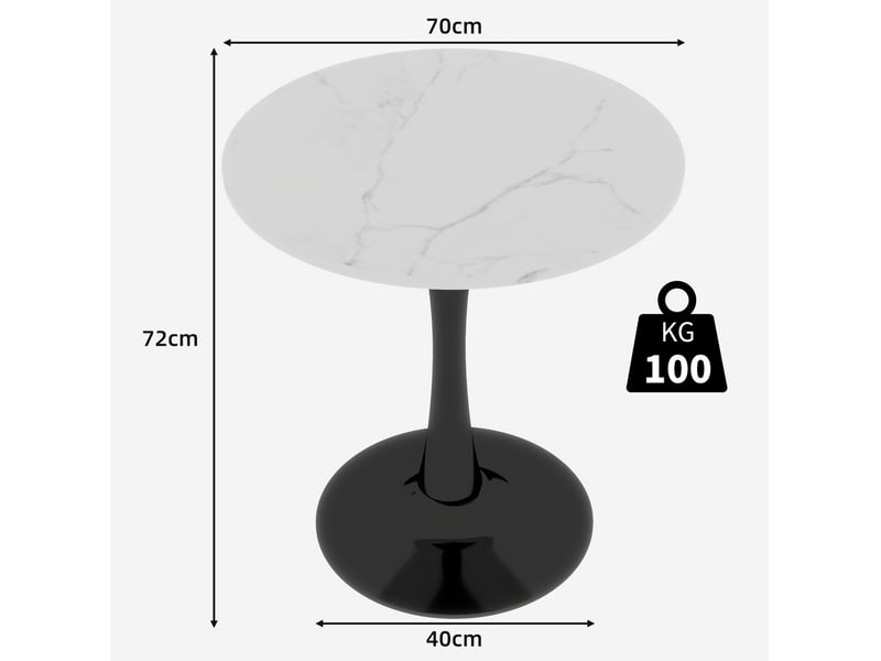  Table basse ronde 70x70x72cm design minimaliste, pieds hauts, marbre reconstitué, adaptée à 2 personnes, noir et blanc  - Conforama C
