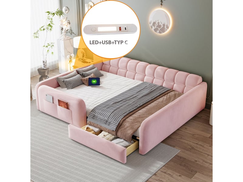  Lit rangement 140 x 200 cm lit double tiroir de rangement structure rembourrée revêtement en velours éclairage nocturne port de recharge hautes barrières de sécurité tête de lit style canapé coloris rose  - Conforama E