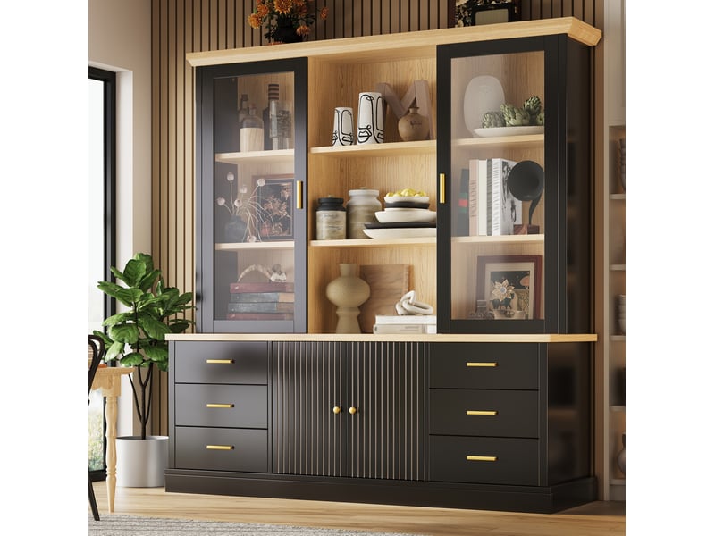 Buffet haut avec 6 tiroirs et portes vitrées, 140x40x185 cm, noir - Conforama C
