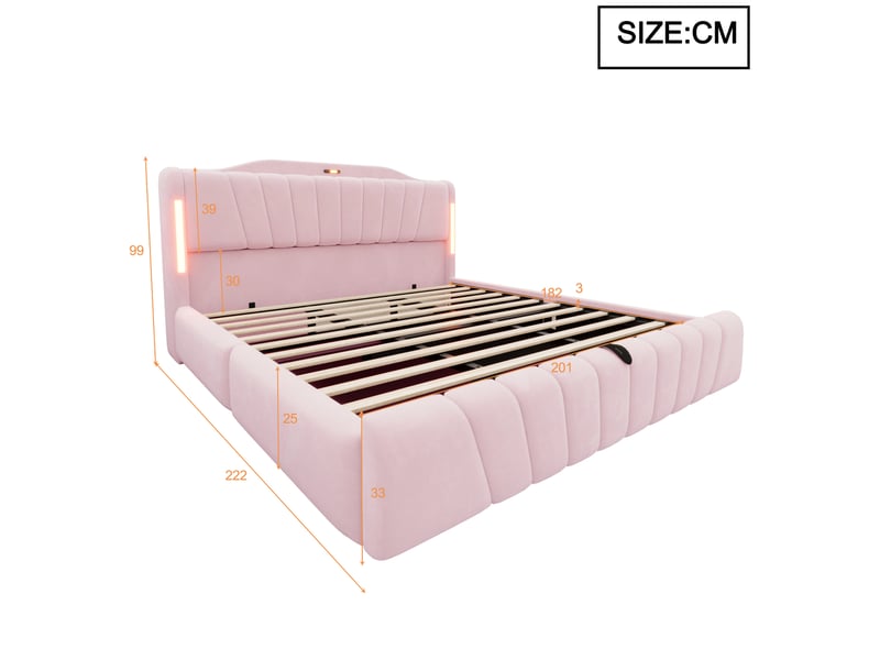  Lit coffre 180x200cm avec rangement hydraulique, tête de lit led connectée, ports usb et type-c, veilleuse et pied de lit surélevé, velours, rose evarich - Conforama C