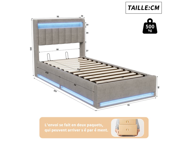  Lit coffre 90 x 200 avec sommier led et usb, lit simple rembourré avec hydraulique rangement e tete de lit, lit 1 personne pour adultes et ado  - Conforama C