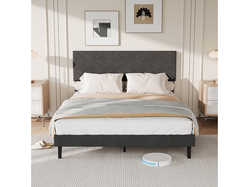  Lit 140 x 200 cm - lit double - avec sommier à lattes - avec tête de lit - tissu lin - gris foncé - lit capitonné  - Conforama C