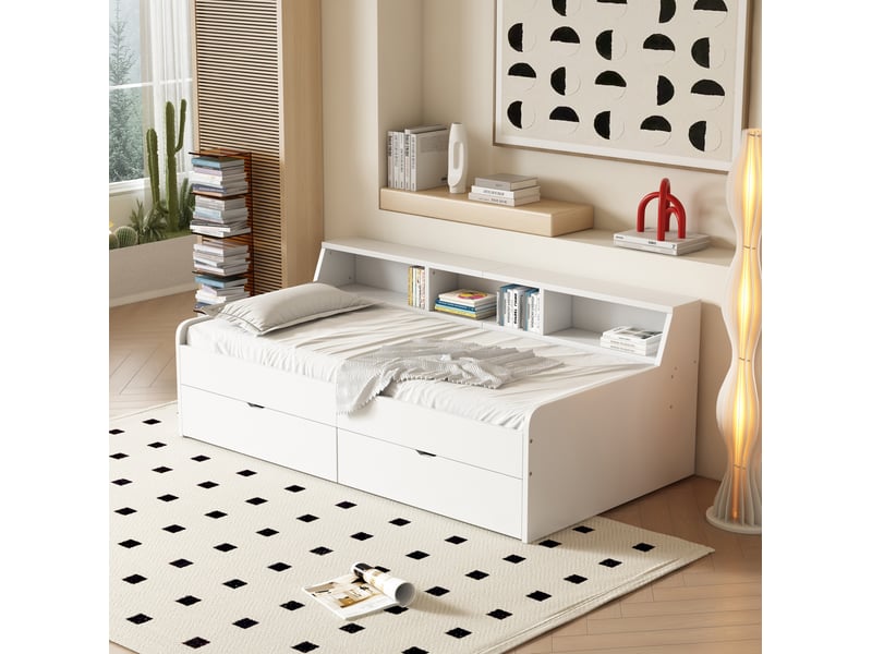 Lit banquette 90 x 200 cm avec sommier, 2 tiroirs et rangements, blanc - Conforama D