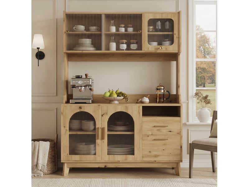  Buffet haut avec 6 portes, 1 tiroir, 2 prises et ports usb pour salle à manger en panneau de particules bois clair  - Conforama E
