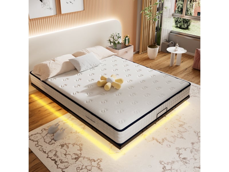  Cadre de lit led en métal 140x200 cm, hauteur 20 cm, cadre de lit flottant, pieds dissimulés, noir  - Conforama D