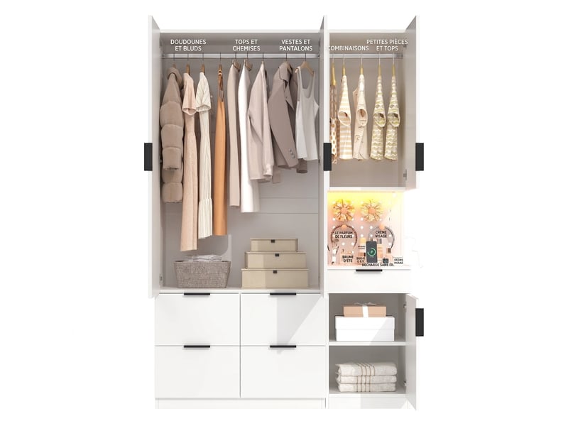  Armoire penderie avec éclairage led et tiroir à bijoux, 90x49x200 cm, blanc et chêne  - Conforama C