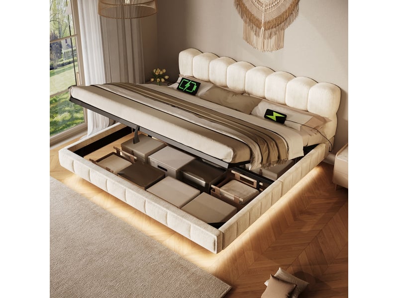  Lit coffre 180x200 cm avec rangement hydraulique, led, usbtype-c, sommier à lattes, design bubble en chenille, beige, sans matelas  - Conforama B