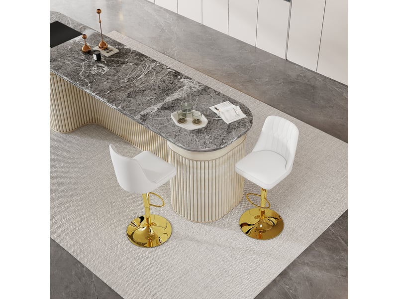  Lot de 2 tabourets de bar hauteur réglable pivotants 360°, chaise haute cuisine, pied métal, polyuréthane, blanc et or  - Conforama D