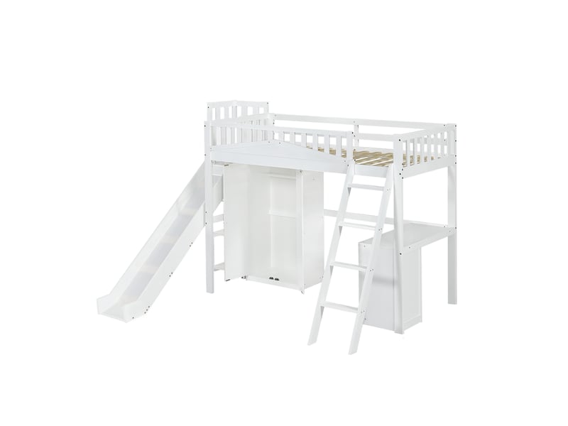  Lit mezzanine 90x200 cm, lit enfant avec barrière de sécurité, pin, lit superposé avec table et armoire et échelle à quatre marches  - Conforama B