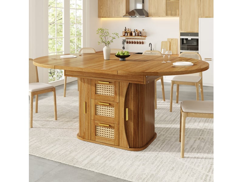 Table extensible avec tiroirs de rangement aspect rotin, structure stable en mdf chêne, pour la salle à manger - Conforama D