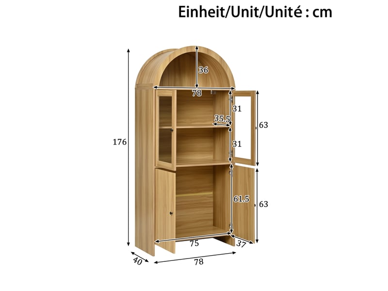  Vaisselier 78x40x176 cm portes vitrées et rangement fermé panneau de particules naturel  - Conforama E