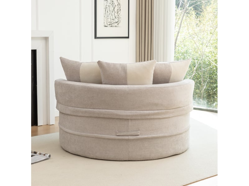  Fauteuil avec pouf rond avec 5 coussins, assise profonde et sans montage, en chenille et mousse gris, 121 × 107 cm  - Conforama E