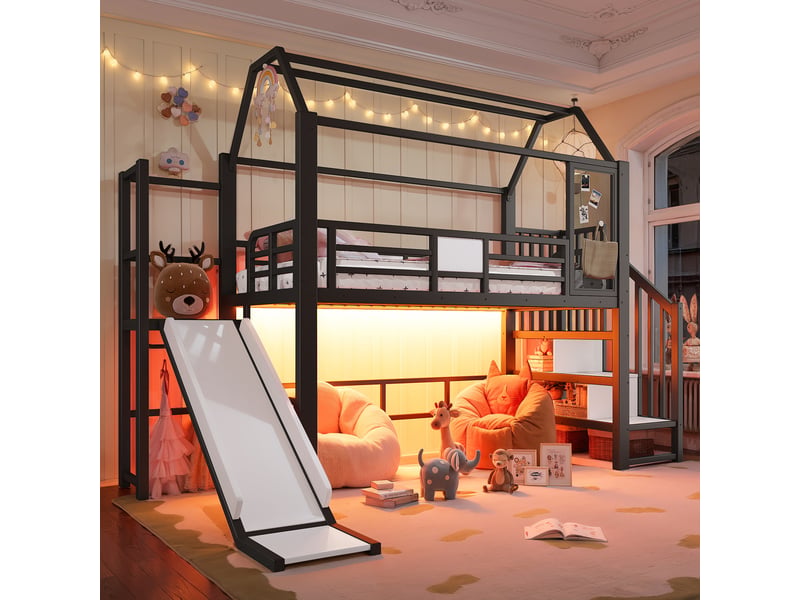 Lit mezzanine 90x200 cm, structure en métal et bois, coloris noir, rangements intégrés, led via bluetooth, escalier sécurisé, garde-corps, toboggan - Conforama D