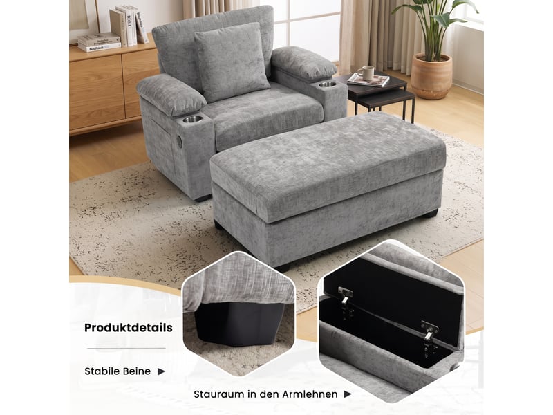  Fauteuil gris en chenille avec pouf, 98 × 148 × 83 cm, rangements dissimulés, port usb et poches latérales  - Conforama E