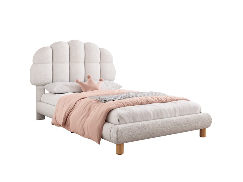  Lit simple rembourré 90x200 cm en tissu bouclé blanc  - Conforama A