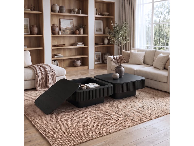  Table basse carrée cannelée 75x75x35 cm avec rangement caché mdf noir  - Conforama C