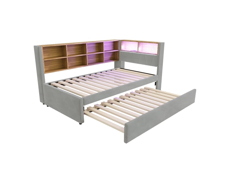  Canapé-lit 90*200 cm avec lit gigogne 90*190 cm, led, usb, rangements, gris clair et cadre stable multifonctionnel  - Conforama A