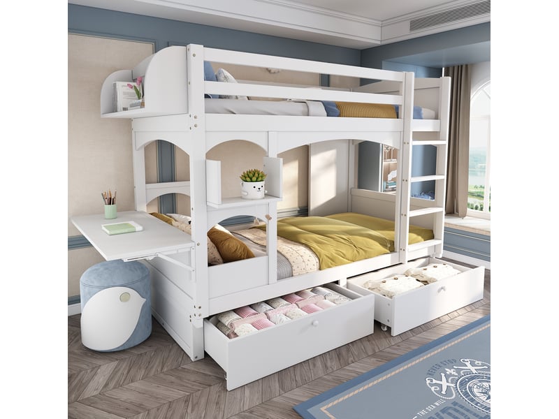  Lit superposé enfant 90x200 cm, avec bureau rabattable et rangements, 2 tiroirs, échelle, bois, blanc, sans matelas  - Conforama D