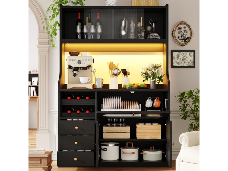  Buffet haut de cuisine design avec 4 portes et 3 tiroirs, 120 × 40 × 180 cm, noir  - Conforama D